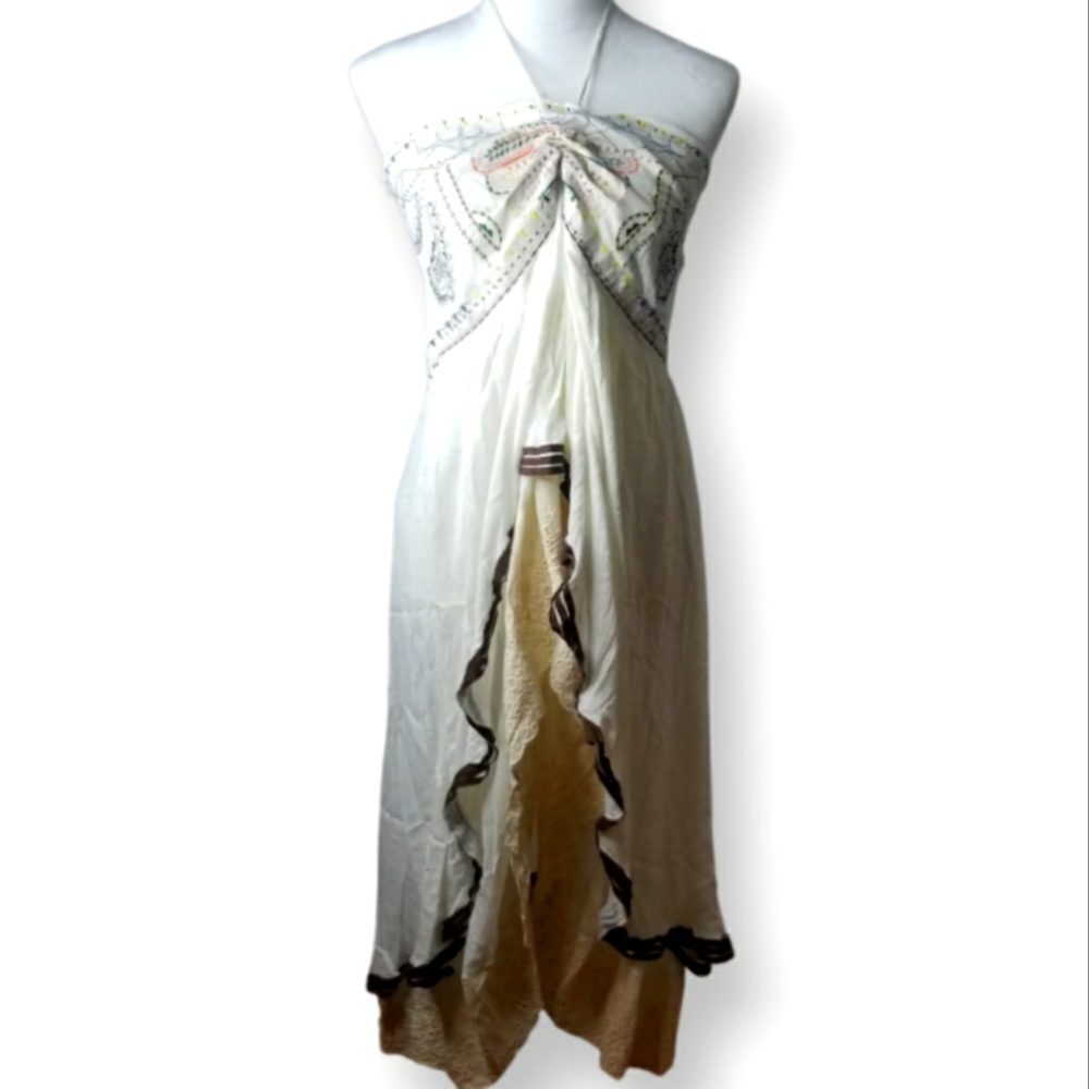 Double Tiered Boho Embroidered Ruffle Halter Dress